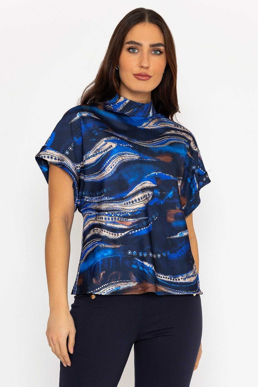 Tops & Blouses | Pala D'oro Printed High Neck Sateen Top In Blue