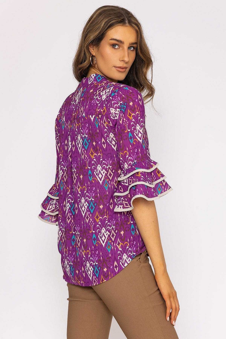 Tops & Blouses | Pala D'oro V-Neck Frill Sleeve Top In Magenta Print