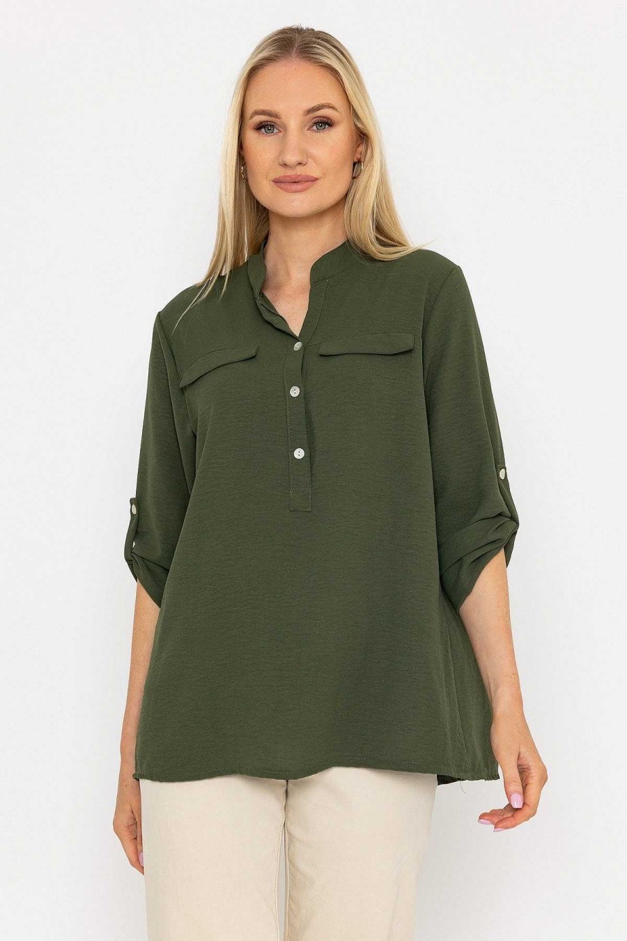 Tops & Blouses | Pala D'oro Collarless Shirt In Khaki