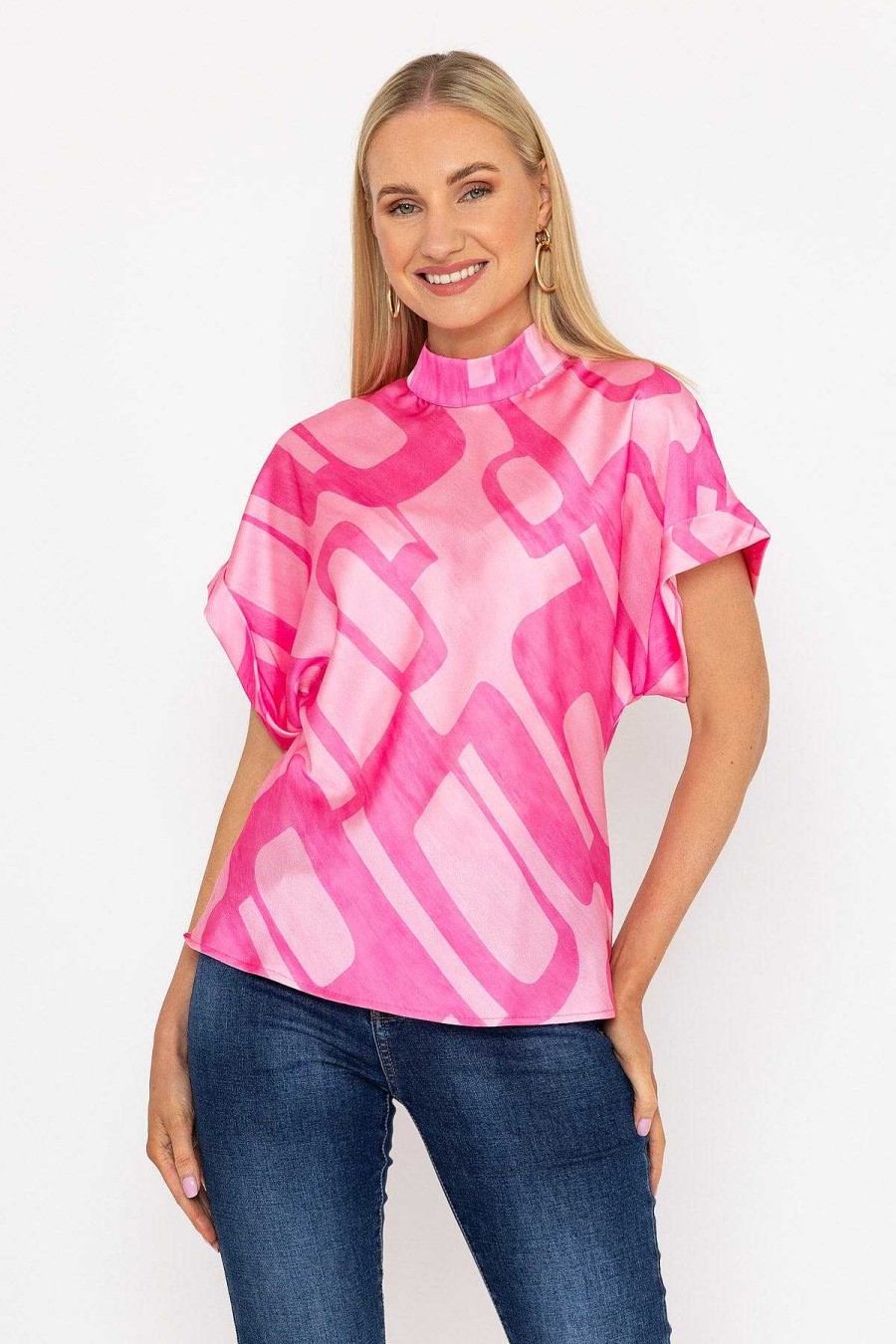 Tops & Blouses | Pala D'oro High Neck Sateen Top In Pink Print