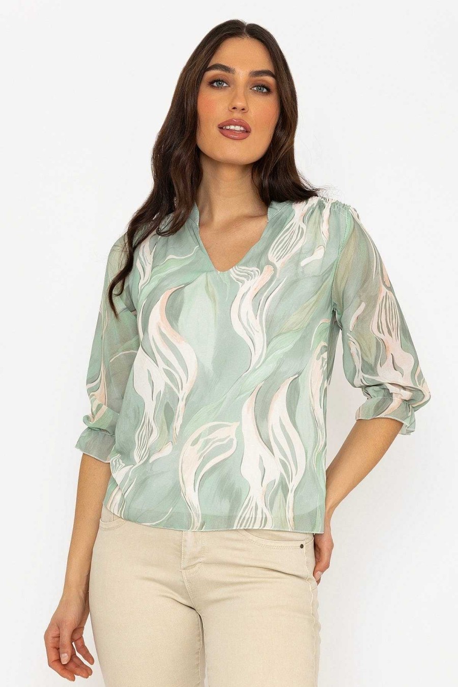 Tops & Blouses | Pala D'oro Collarless Blouse In Khaki