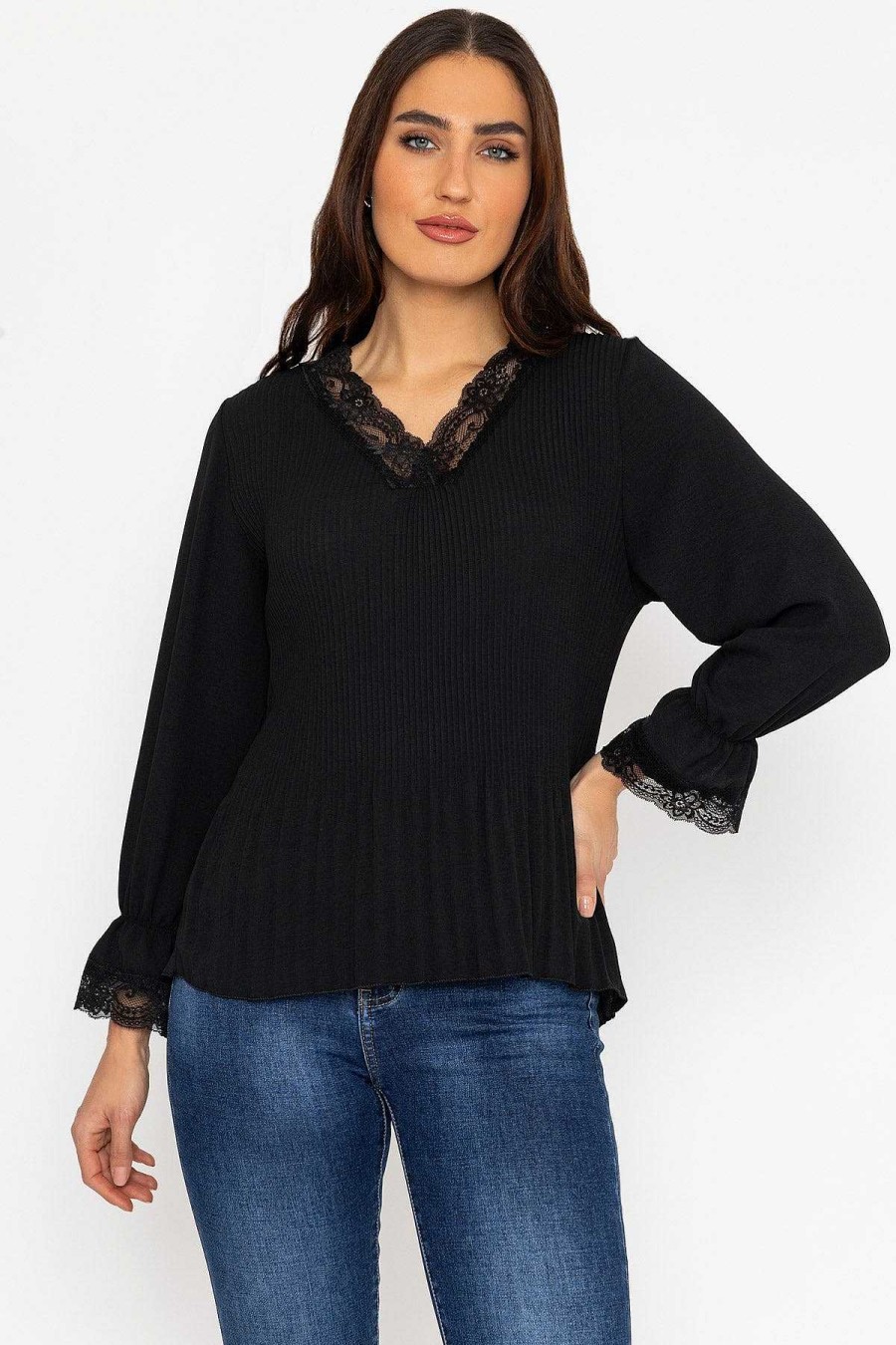 Tops & Blouses | Pala D'oro Pleated Lace Trim Top In Black