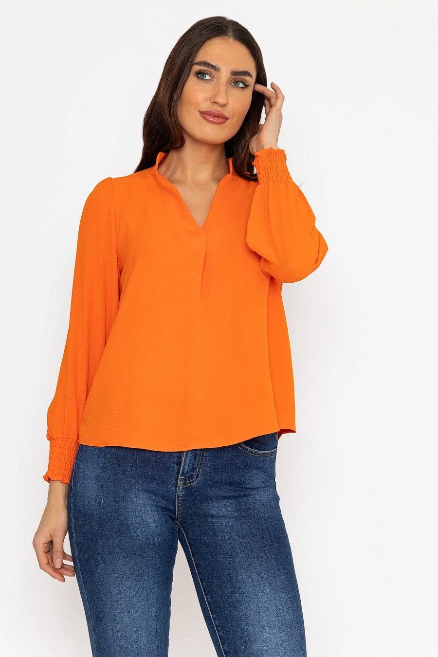 Tops & Blouses | Pala D'oro Long Sleeve Collarless Top In Orange