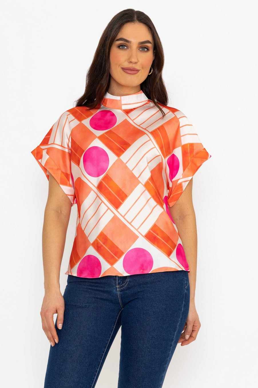 Tops & Blouses | Pala D'Oro Printed High Neck Sateen Top In Orange