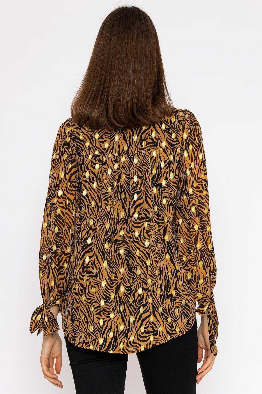 Tops & Blouses | Rowen Avenue V Neck Tie Sleeve Top In Gold Animal Print