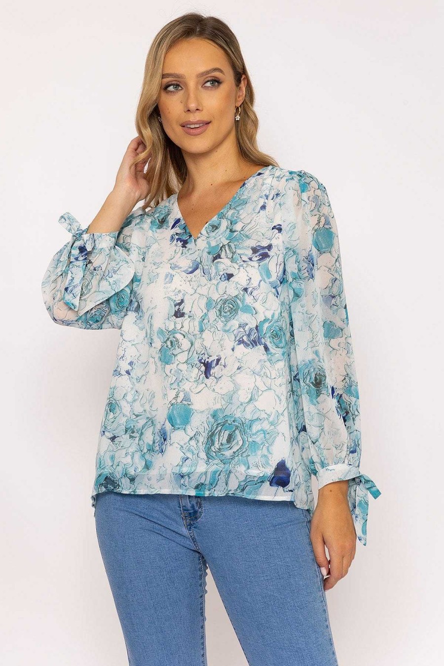 Tops & Blouses | Rowen Avenue Tie Sleeve Blouse In Blue Print