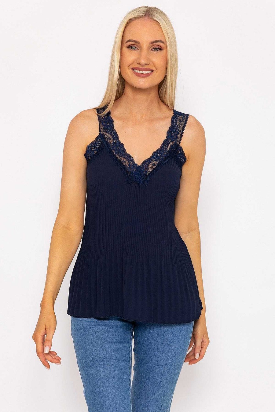 Tops & Blouses | Pala D'oro Lace Trim Pleated Cami In Navy