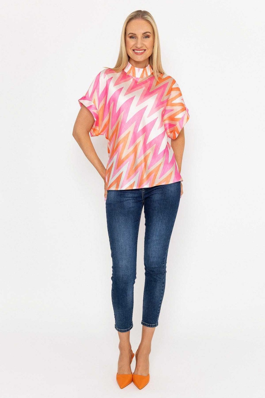 Tops & Blouses | Pala D'oro High Neck Sateen Top In Pink And Orange Print