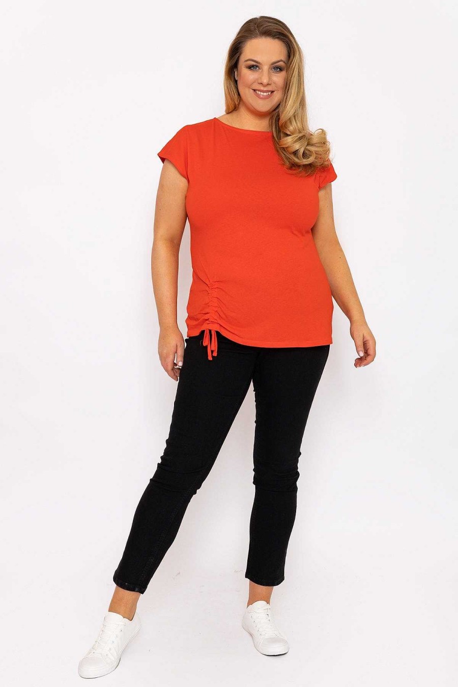 Tops & Blouses | Ulla Popken Gathered Hem Short Sleeve Top In Red