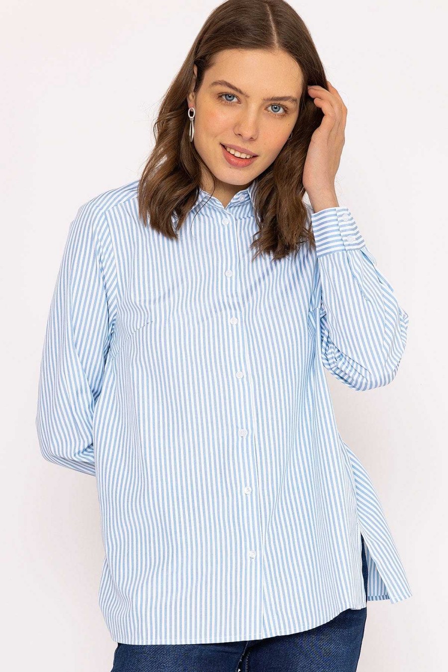 Tops & Blouses | Kelly & Grace Weekend Longline Stripe Shirt In Blue