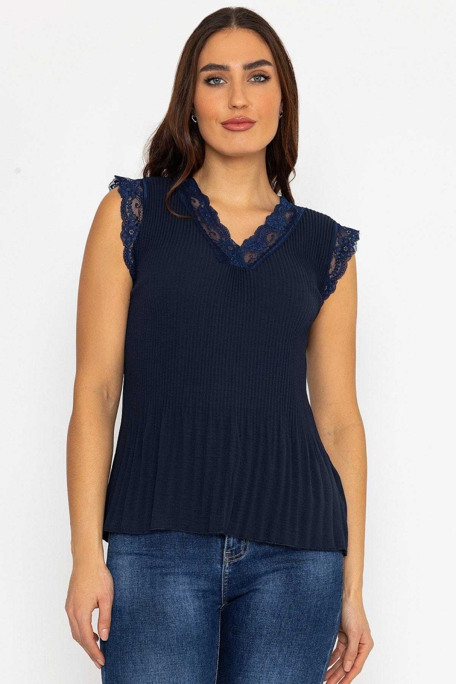 Tops & Blouses | Pala D'oro Cap Sleeve Lace Trim Pleated Top In Navy