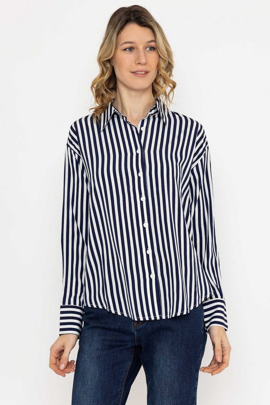 Tops & Blouses | Rowen Avenue Satin Stripe Shirt In Navy