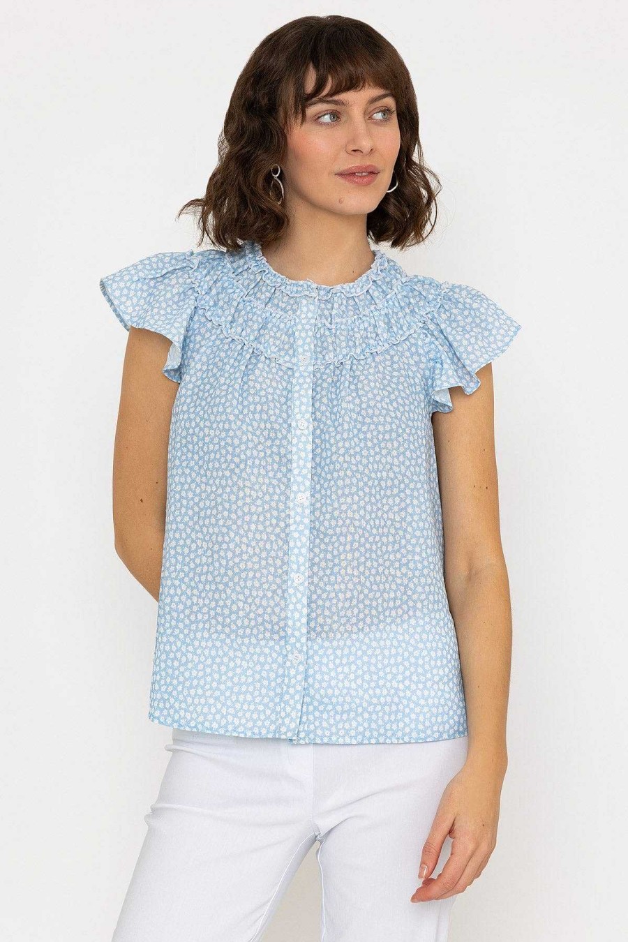 Tops & Blouses | Rowen Avenue Ruffle Blouse In Blue Print