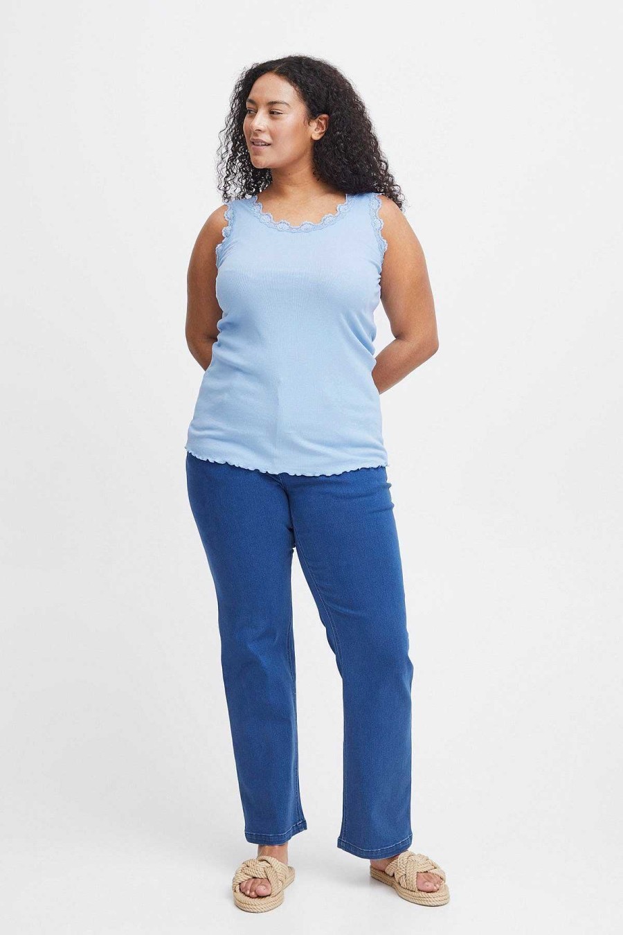 Tops & Blouses | Simple Wish Sleeveless Lace Trim Blue Top