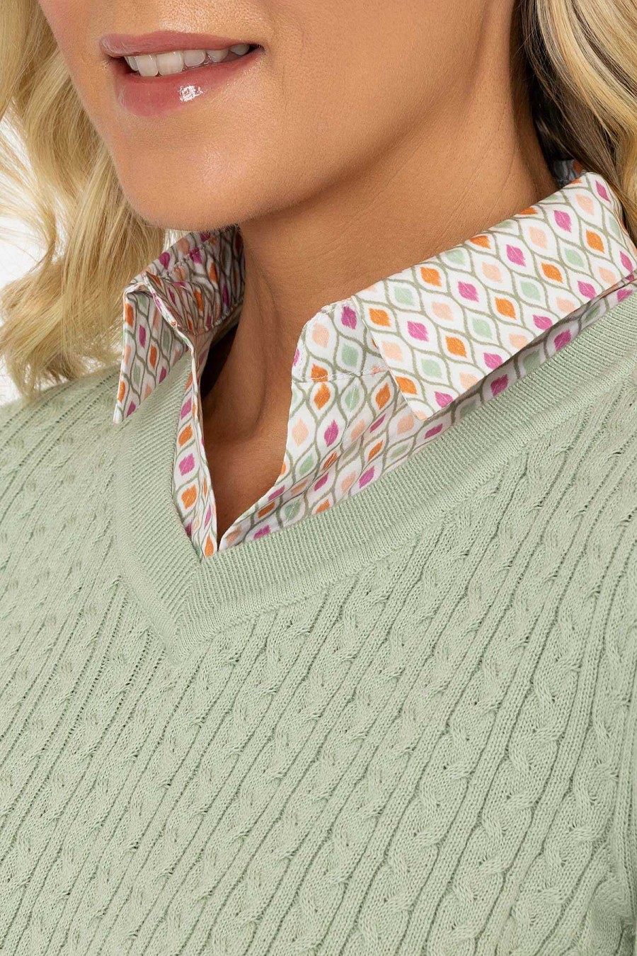 Tops & Blouses | Voulez Vous Green Cable Knit Sweater With Shirt Collar & Cuffs