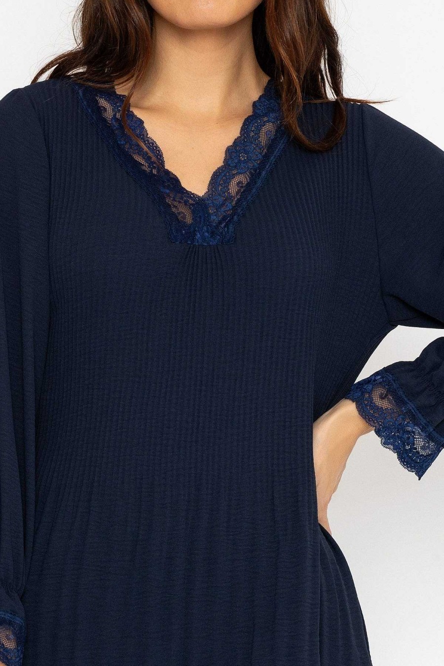 Tops & Blouses | Pala D'oro Pleated Lace Trim Top In Navy