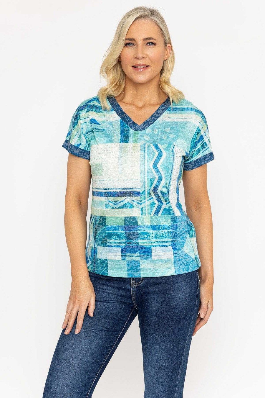 Tops & Blouses | Voulez Vous Green Printed V Neck Burnout Top