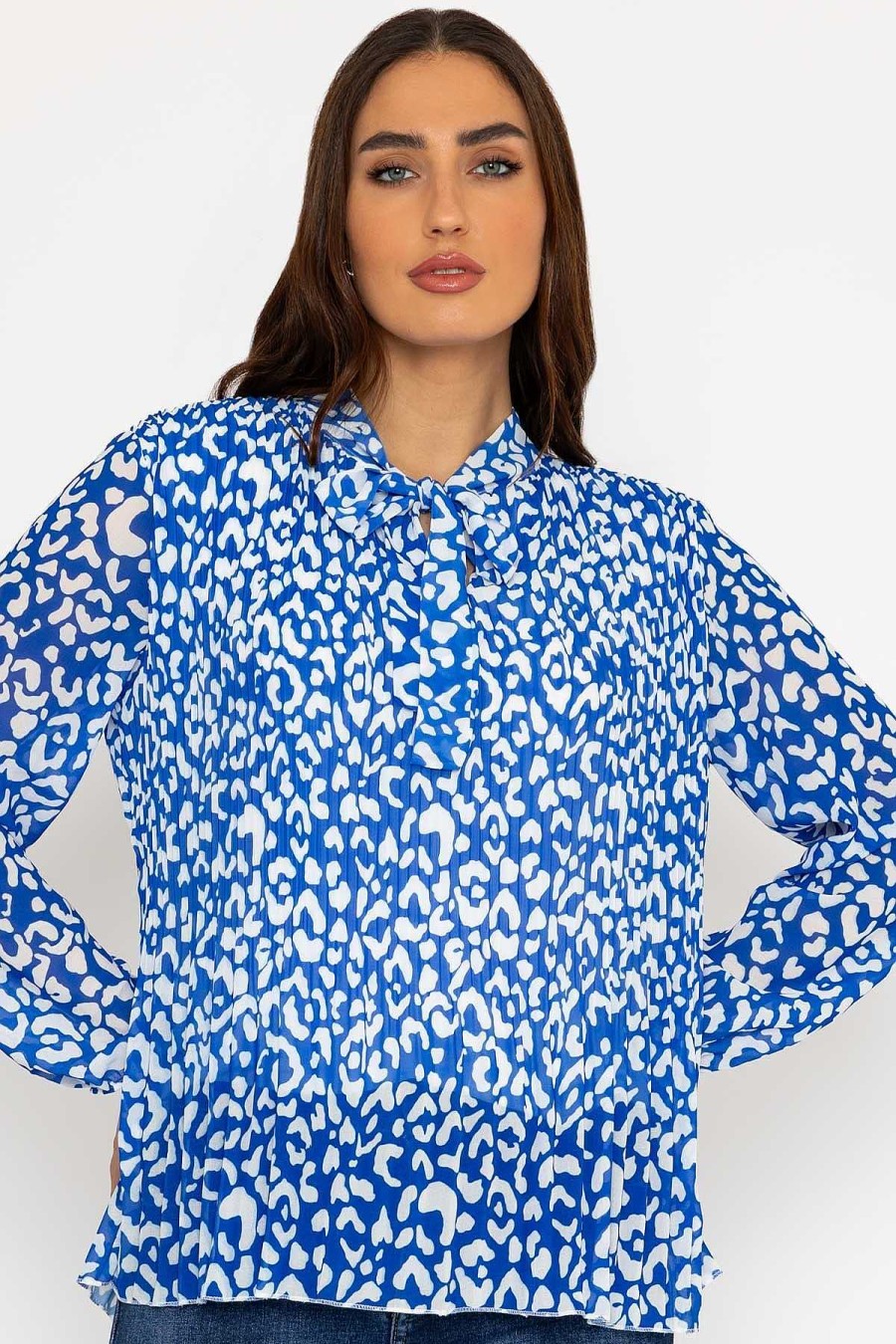 Tops & Blouses | Pala D'oro Pleated Pussybow Blouse In Blue Animal Print