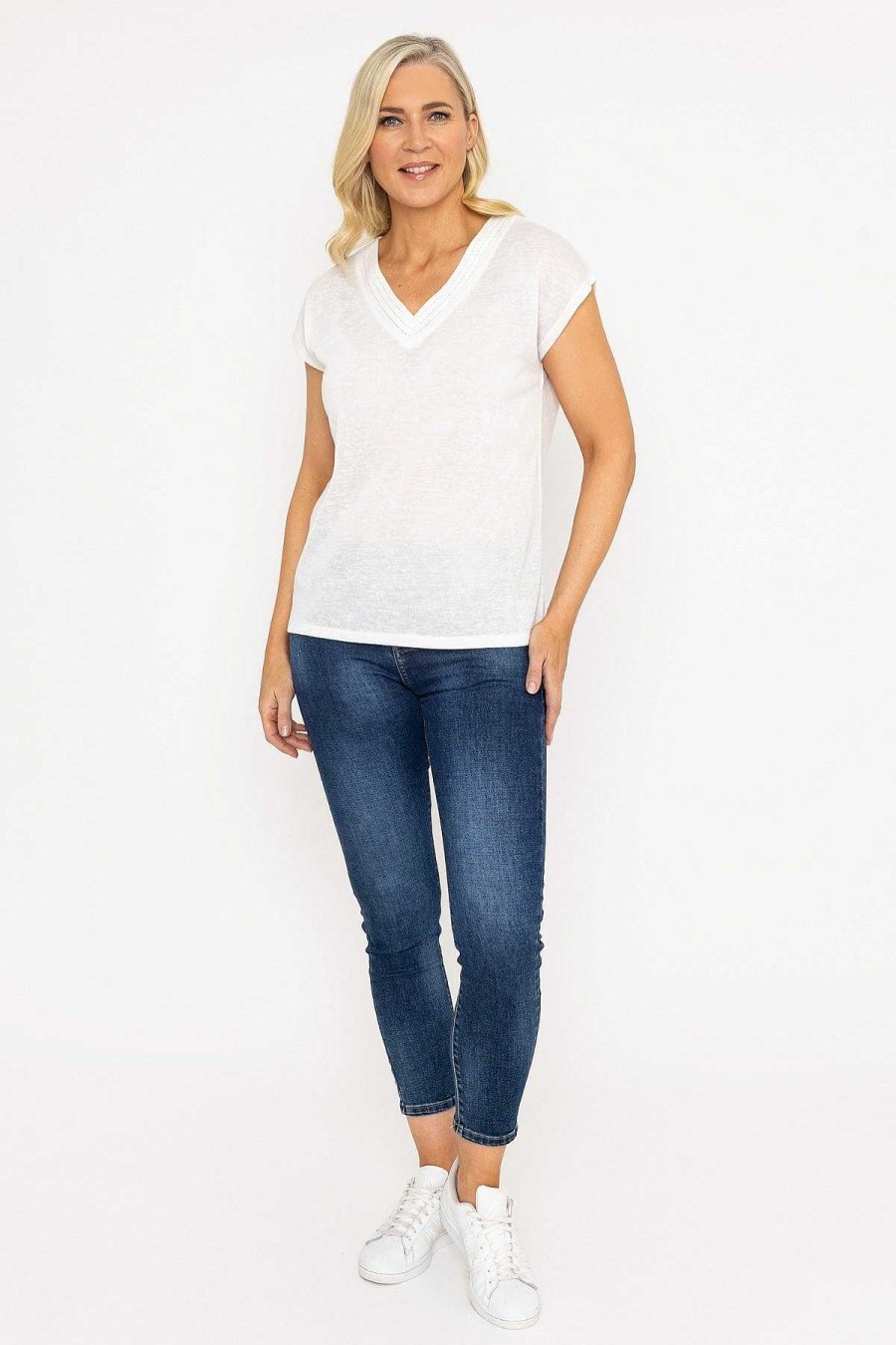 Tops & Blouses | Voulez Vous V-Neck Slub Top With Neck Details In Ecru