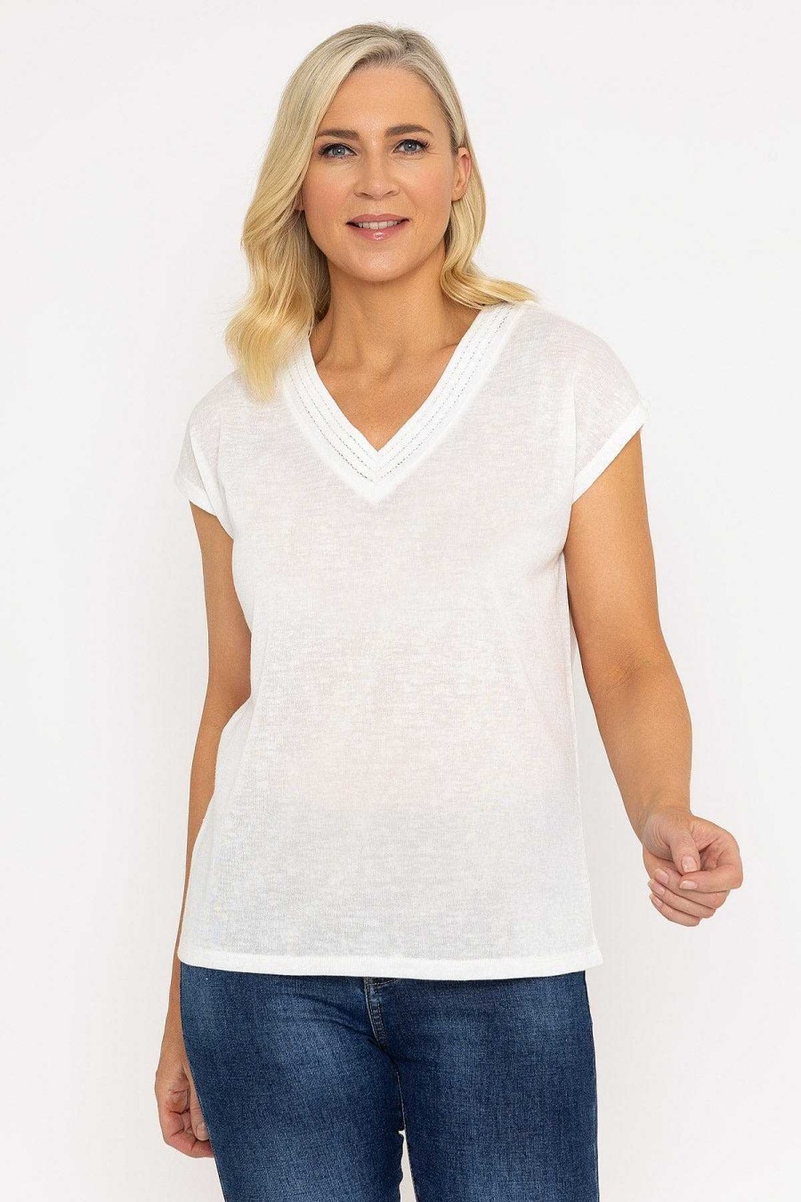 Tops & Blouses | Voulez Vous V-Neck Slub Top With Neck Details In Ecru