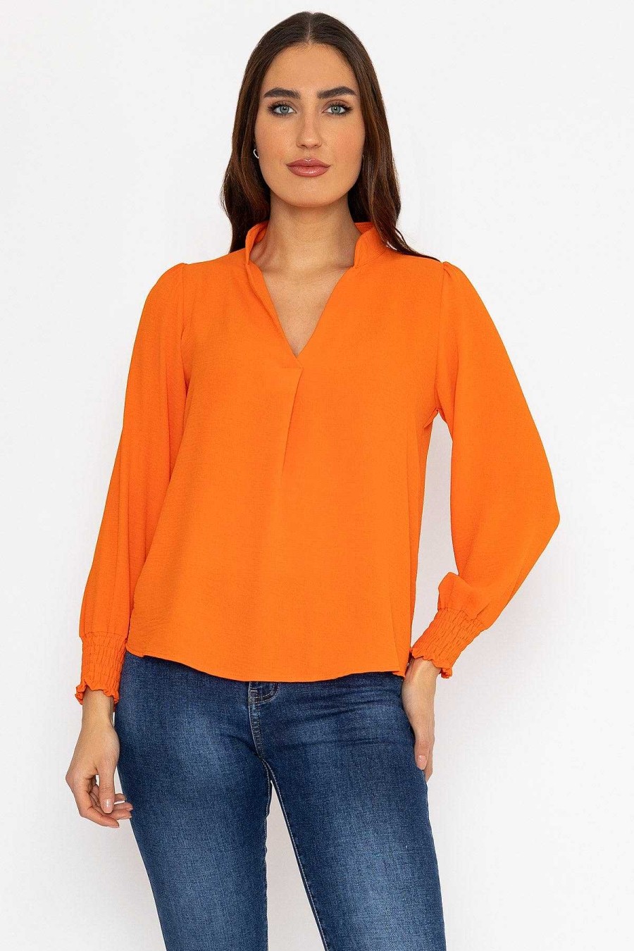 Tops & Blouses | Pala D'oro Long Sleeve Collarless Top In Orange