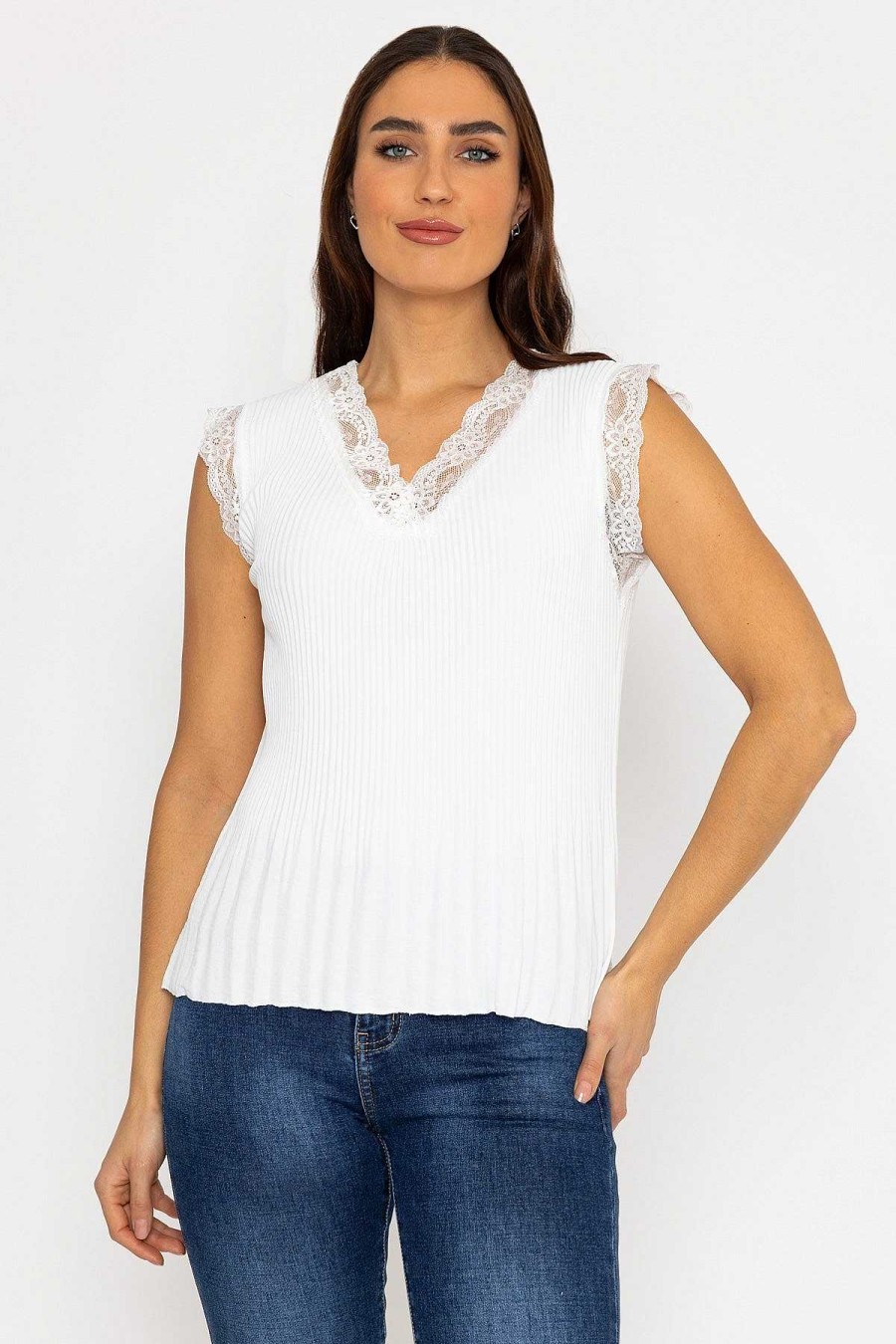 Tops & Blouses | Pala D'oro Cap Sleeve Lace Trim Pleated Top In Ecru