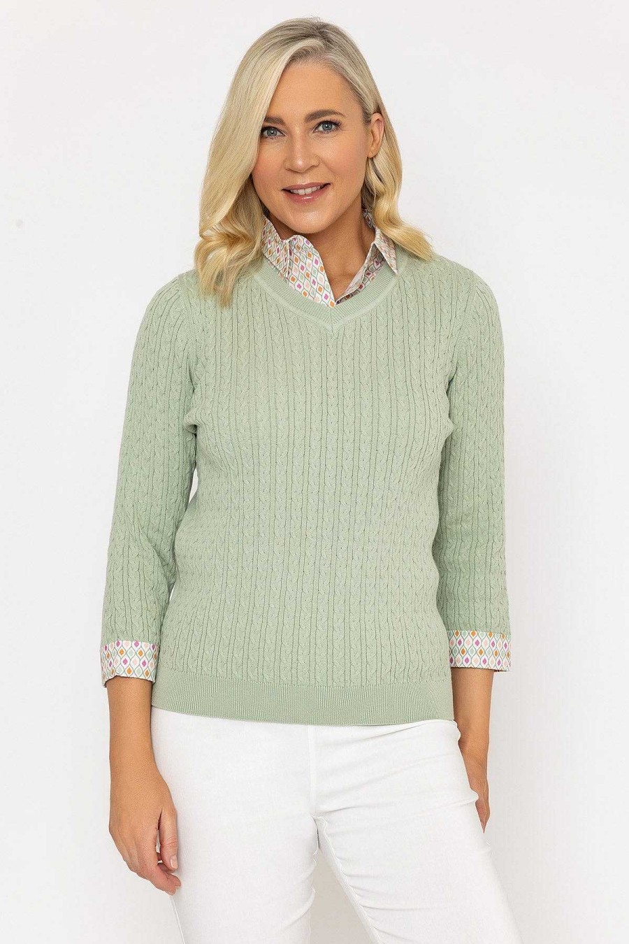 Tops & Blouses | Voulez Vous Green Cable Knit Sweater With Shirt Collar & Cuffs