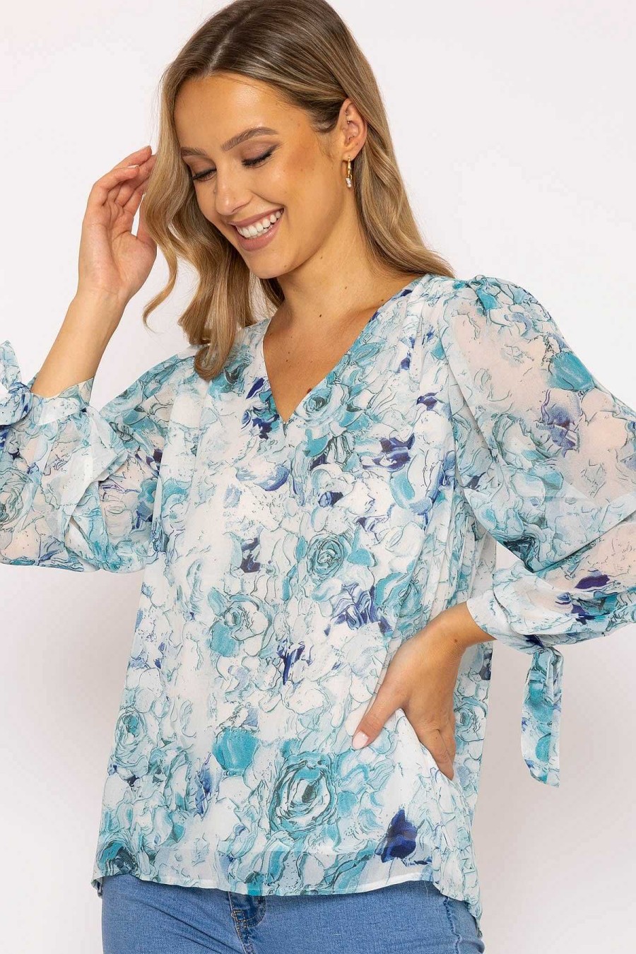 Tops & Blouses | Rowen Avenue Tie Sleeve Blouse In Blue Print