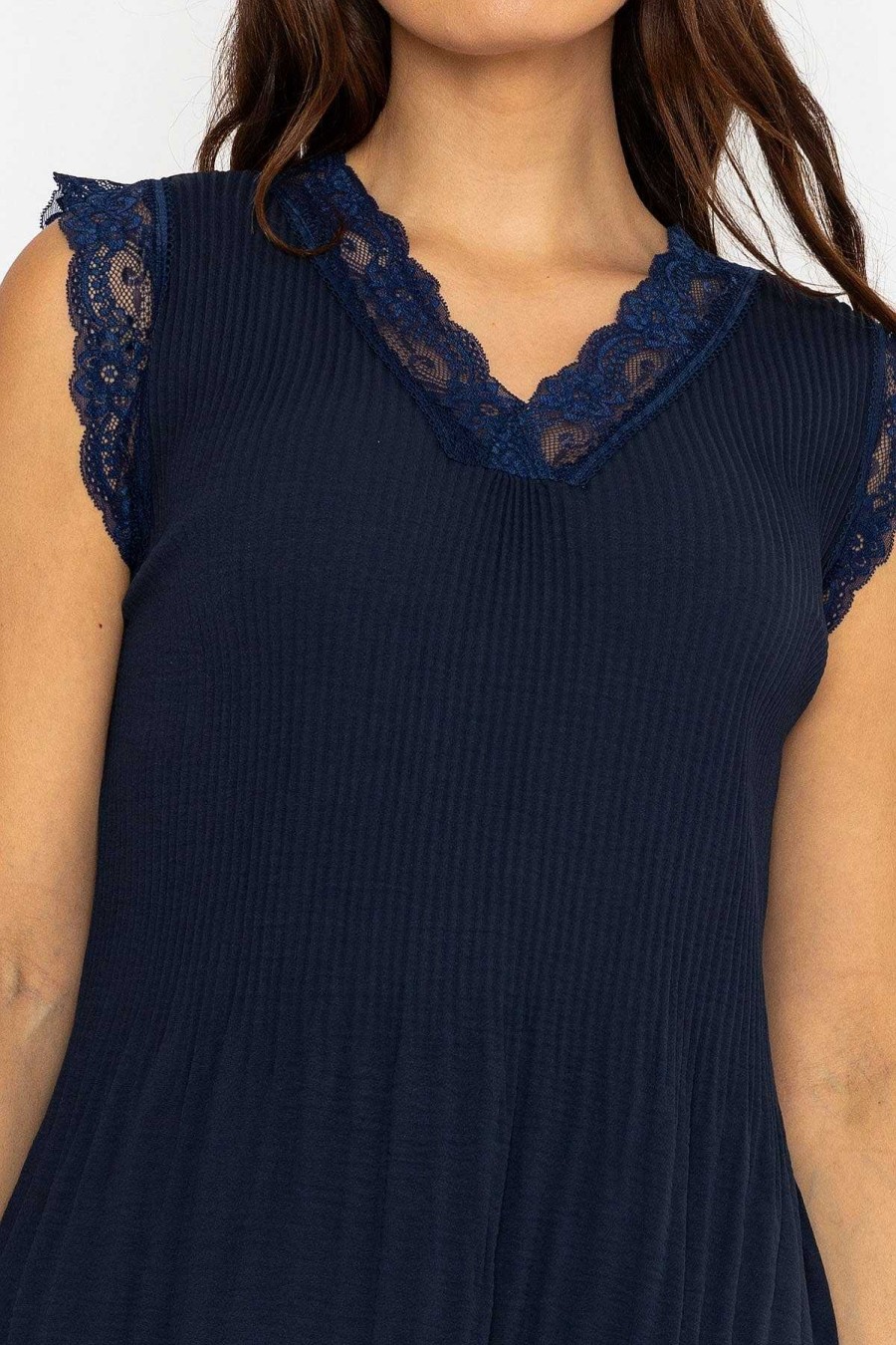 Tops & Blouses | Pala D'oro Cap Sleeve Lace Trim Pleated Top In Navy