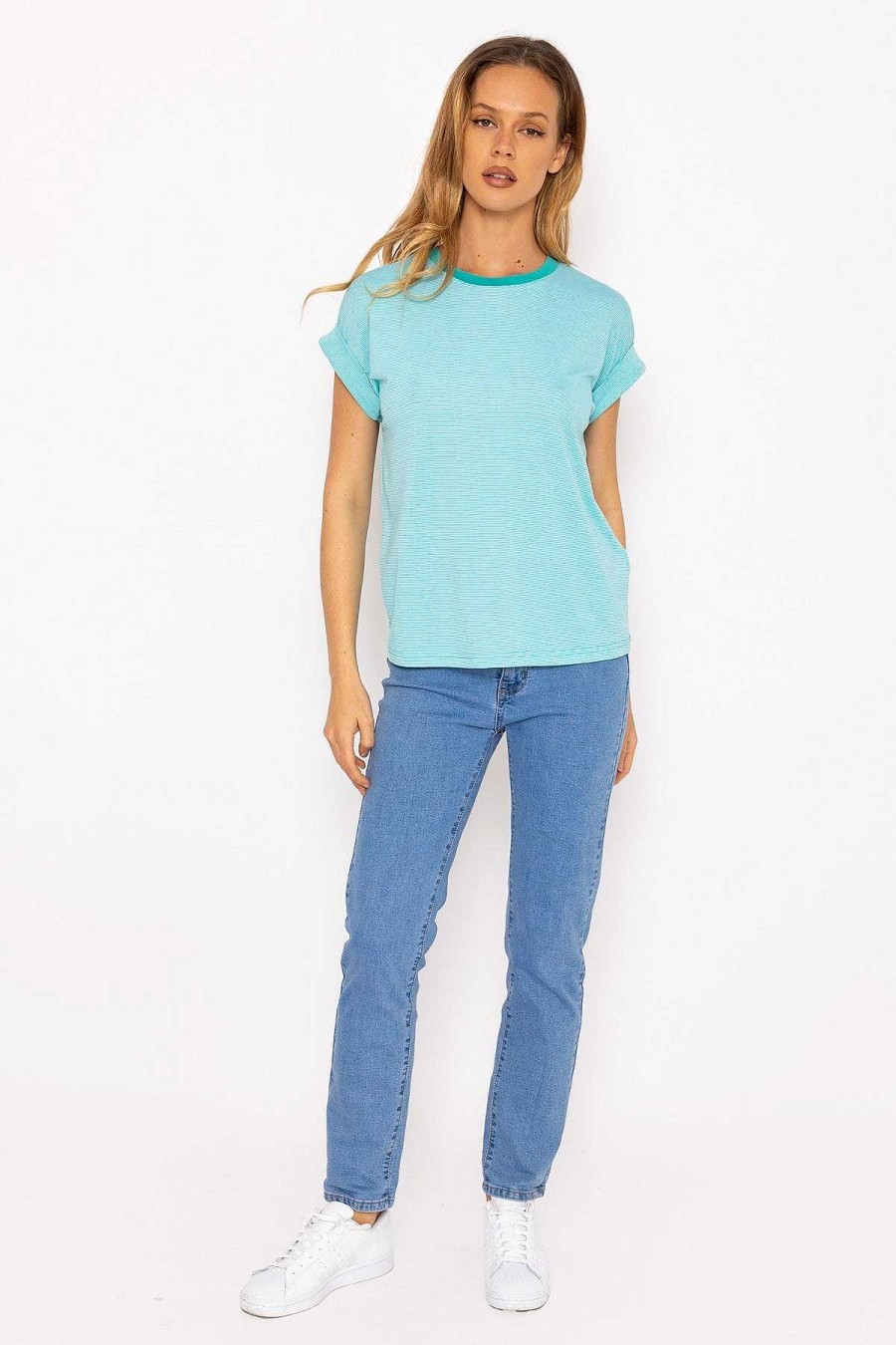 Tops & Blouses | Kelly & Grace Weekend Stripe Tee In Aqua Blue