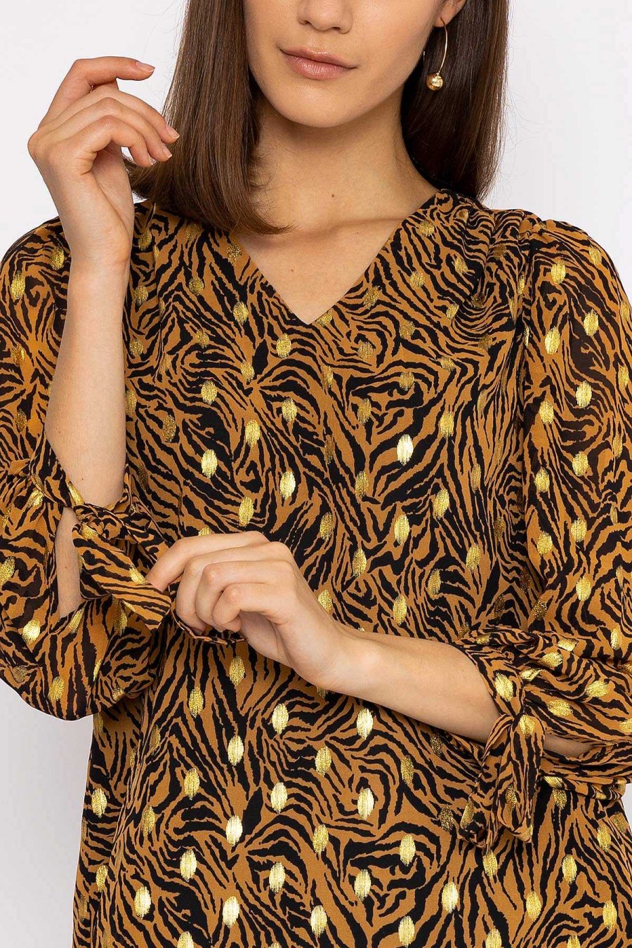 Tops & Blouses | Rowen Avenue V Neck Tie Sleeve Top In Gold Animal Print