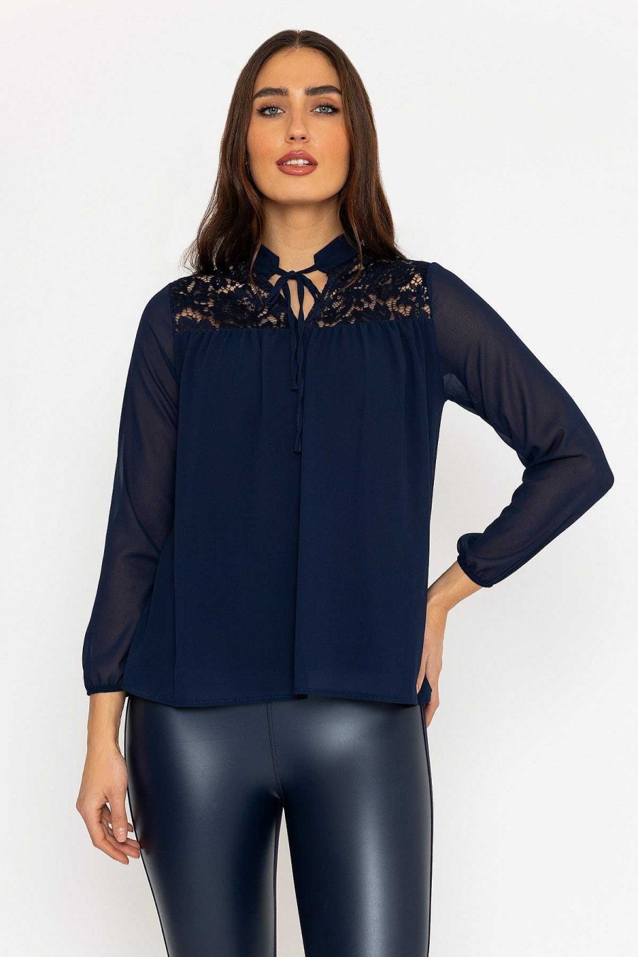 Tops & Blouses | Pala D'oro Lace Insert Blouse In Navy