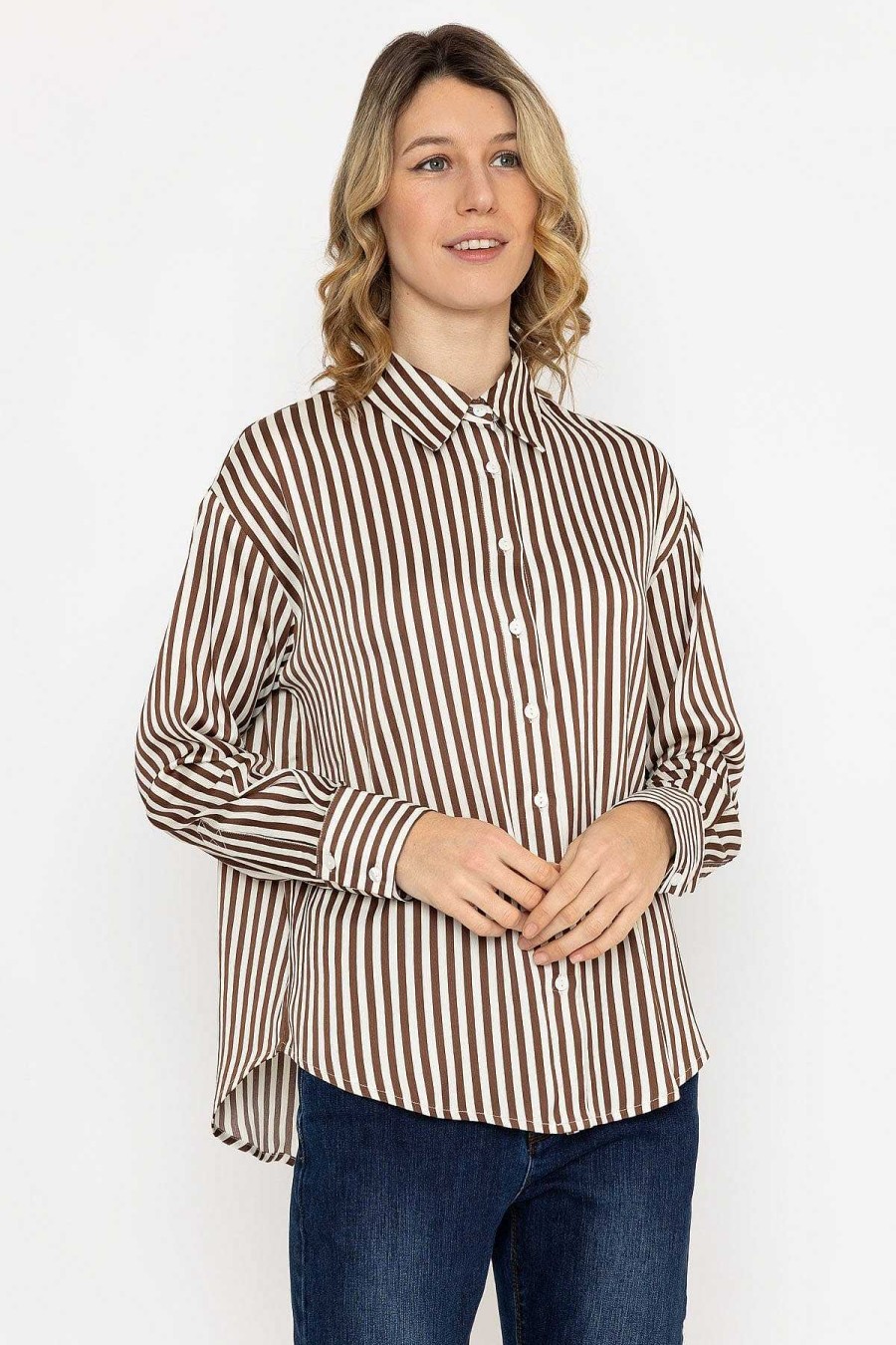 Tops & Blouses | Rowen Avenue Satin Stripe Shirt In Brown