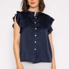 Tops & Blouses | Rowen Avenue Ruffle Satin Shirt In Navy