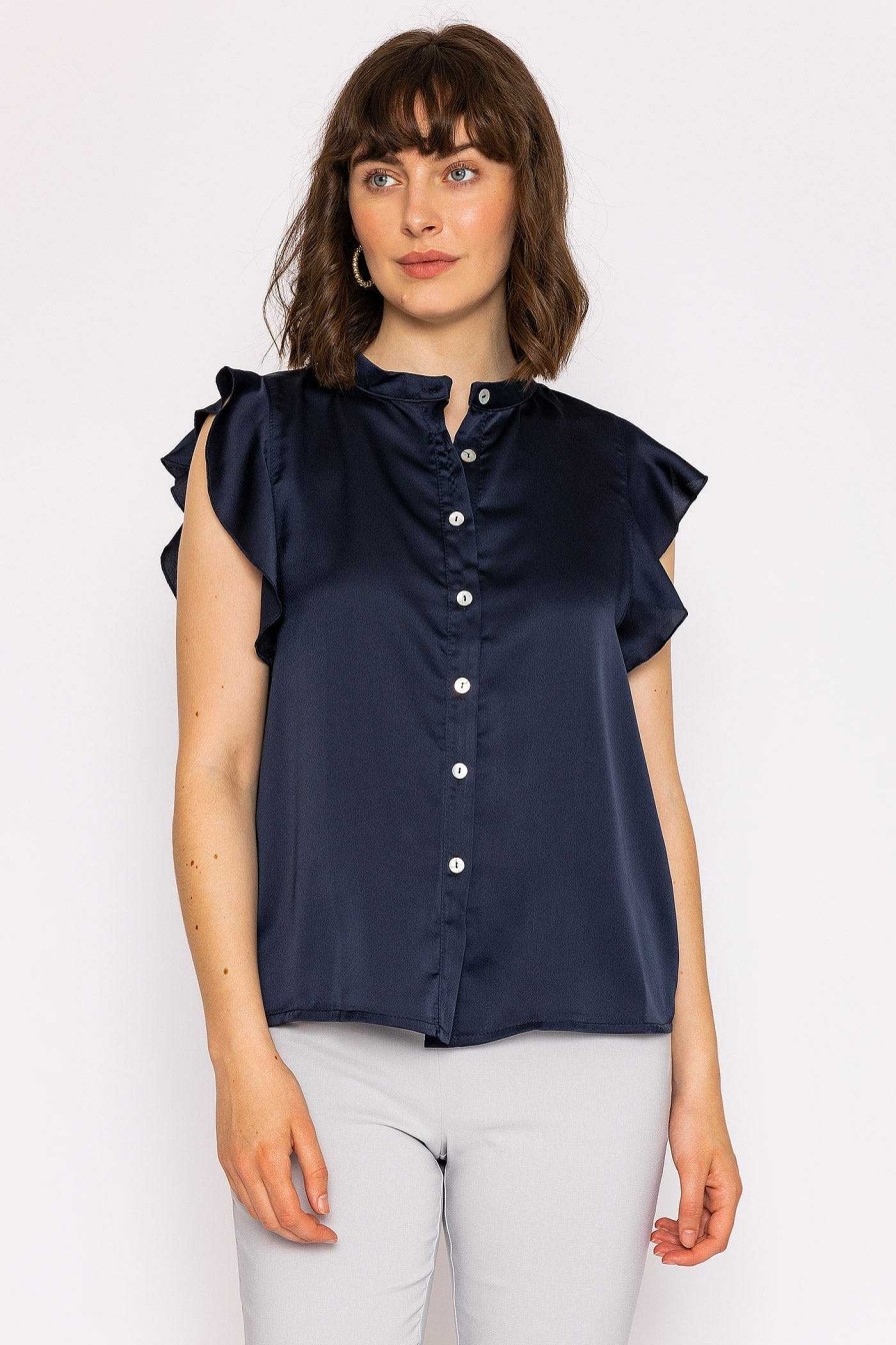 Tops & Blouses | Rowen Avenue Ruffle Satin Shirt In Navy