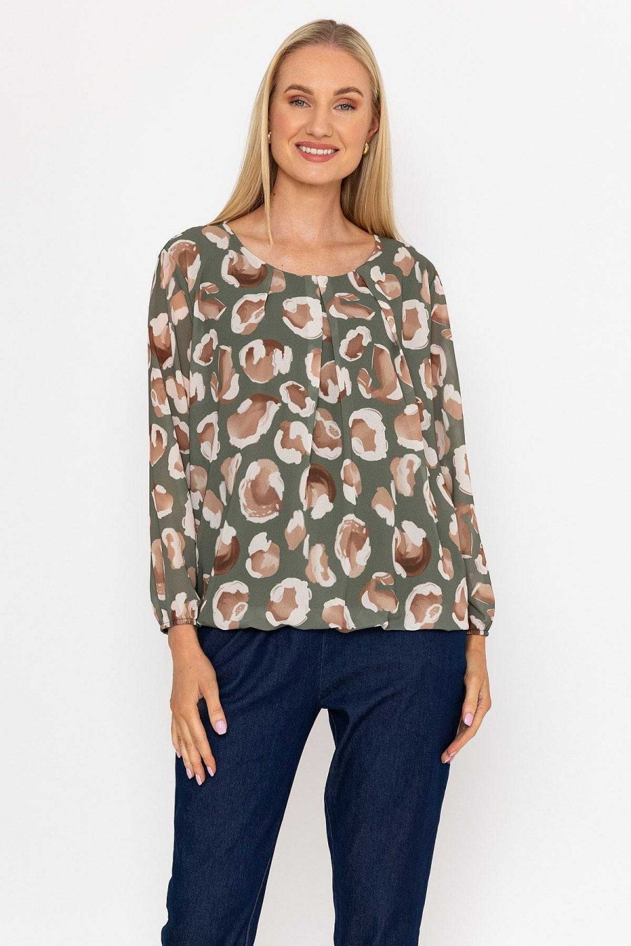 Tops & Blouses | Pala D'oro Khaki Printed Long Sleeve Blouse