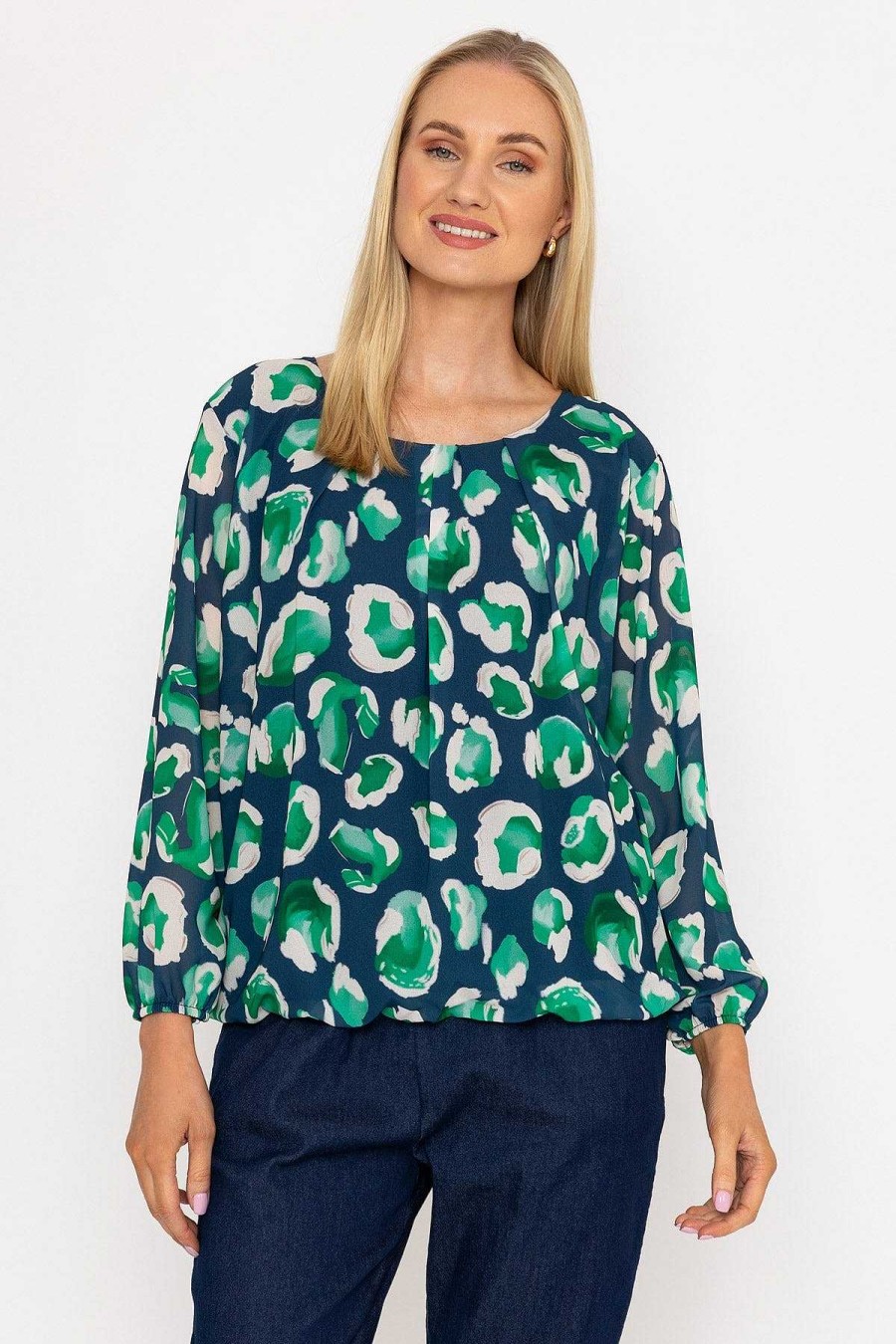 Tops & Blouses | Pala D'oro Navy And Green Printed Long Sleeve Blouse