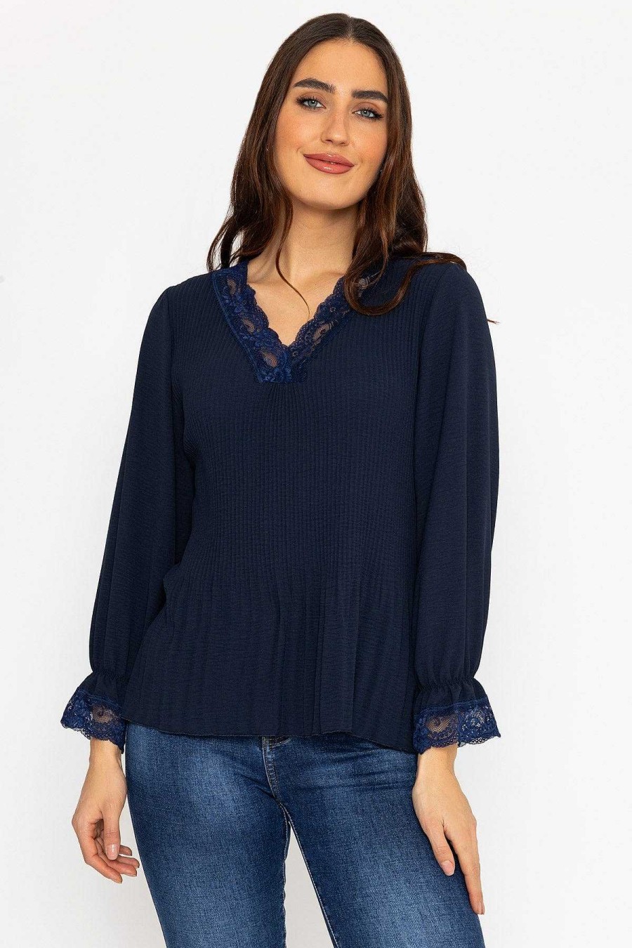 Tops & Blouses | Pala D'oro Pleated Lace Trim Top In Navy