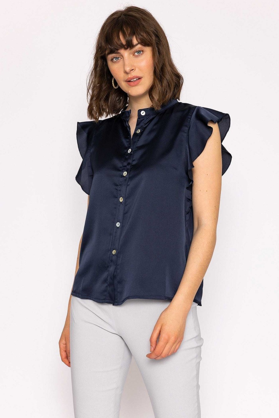 Tops & Blouses | Rowen Avenue Ruffle Satin Shirt In Navy