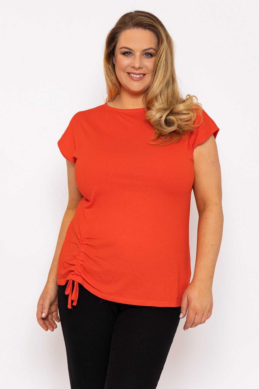 Tops & Blouses | Ulla Popken Gathered Hem Short Sleeve Top In Red